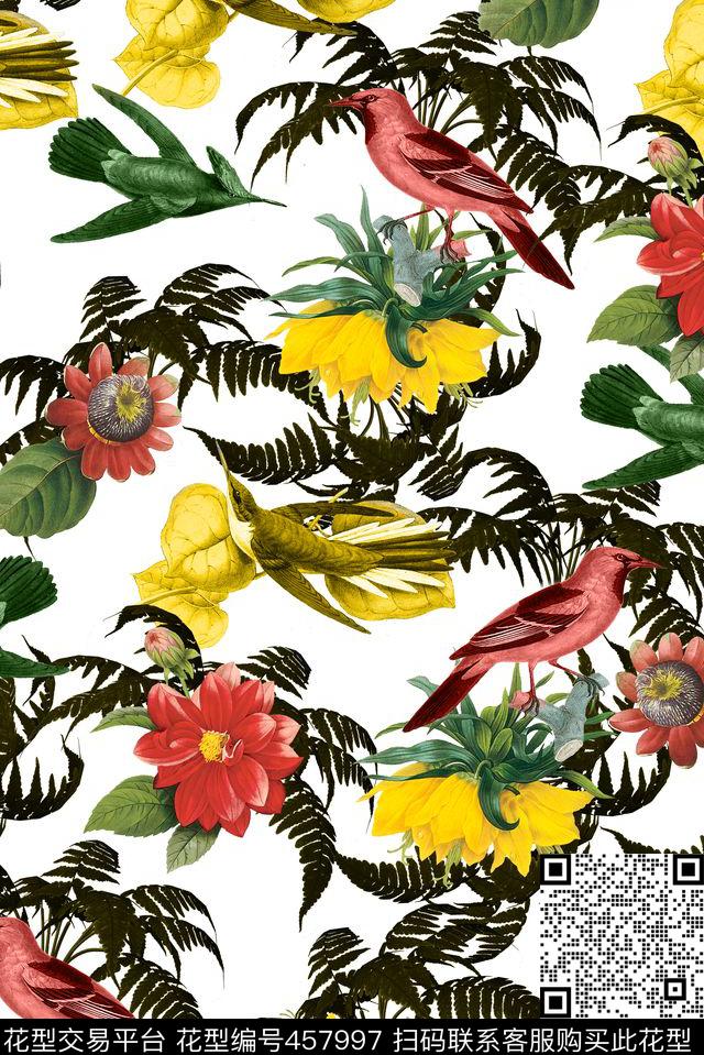 水墨手绘花卉椰树数码印花华亿平台下载（图片编号: 457997） - 瓦栏（Walan）