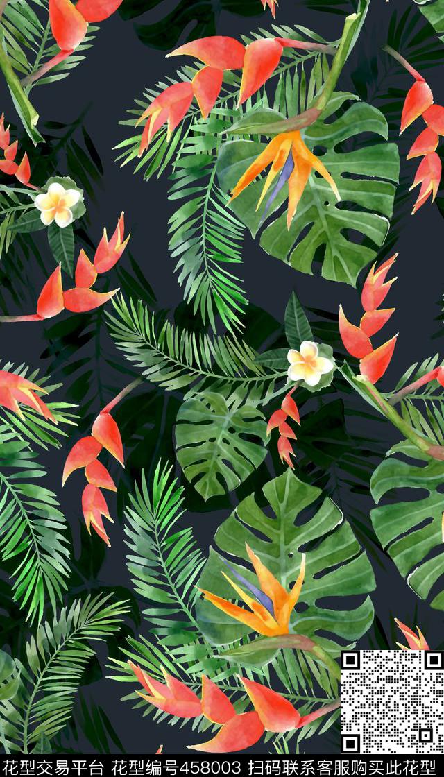 龟背竹热带风情天堂鸟数码印花华亿平台下载（图片编号: 458003） - 瓦栏（Walan）