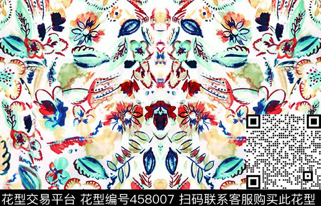 抽象手绘涂鸦复古欧美风数码印花华亿平台下载（图片编号: 458007） - 瓦栏（Walan）