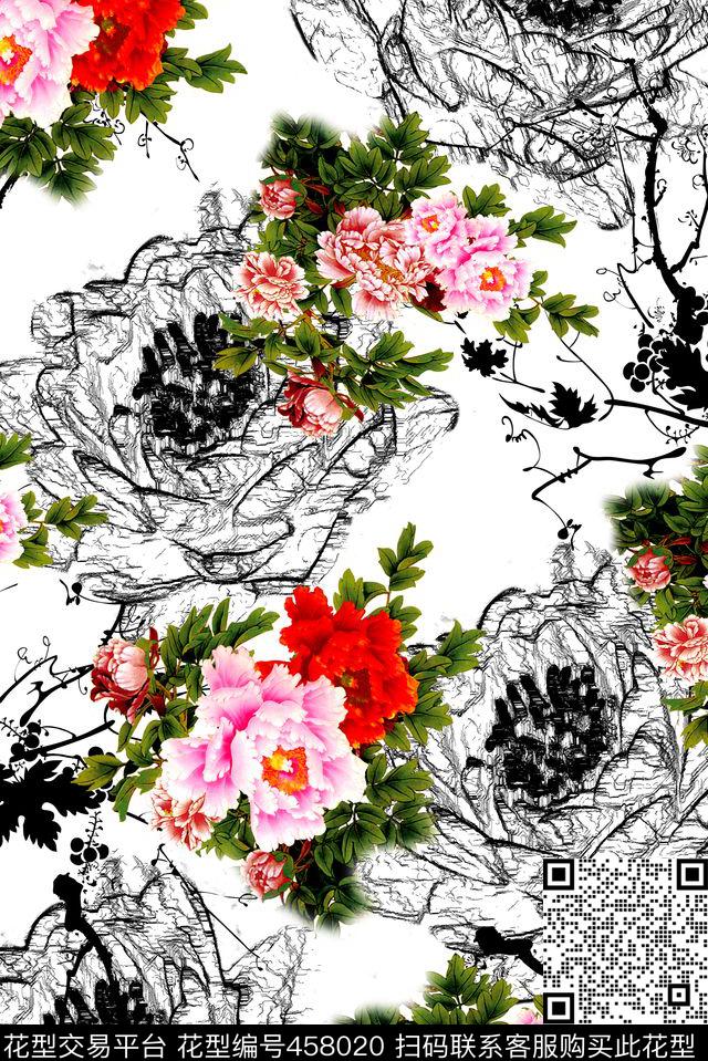 水墨牡丹手绘数码印花华亿平台下载（图片编号: 458020） - 瓦栏（Walan）