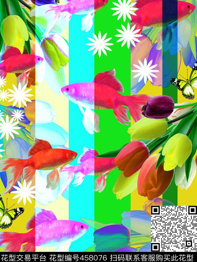 花卉金鱼写意定位数码印花华亿平台下载（图片编号: 458076） - 瓦栏（Walan）