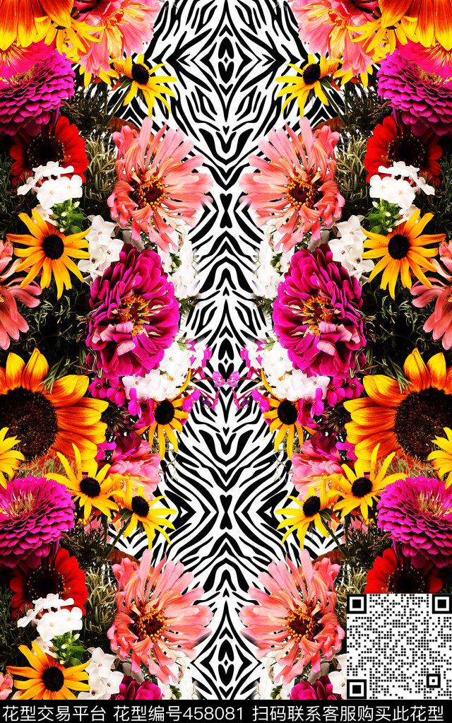 手绘定位花卉斑马纹数码印花华亿平台下载（图片编号: 458081） - 瓦栏（Walan）