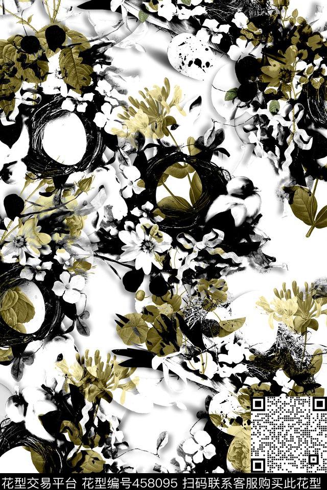 水墨泼墨花卉数码印花华亿平台下载（图片编号: 458095） - 瓦栏（Walan）