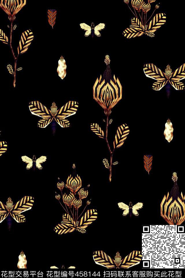 欧式图案蝴蝶花黑底休闲数码印花华亿平台下载（图片编号: 458144） - 瓦栏（Walan）