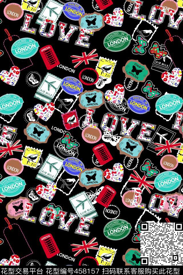 LOVE字母花样飞机邮票蝴蝶传统印花华亿平台下载（图片编号: 458157） - 瓦栏（Walan）