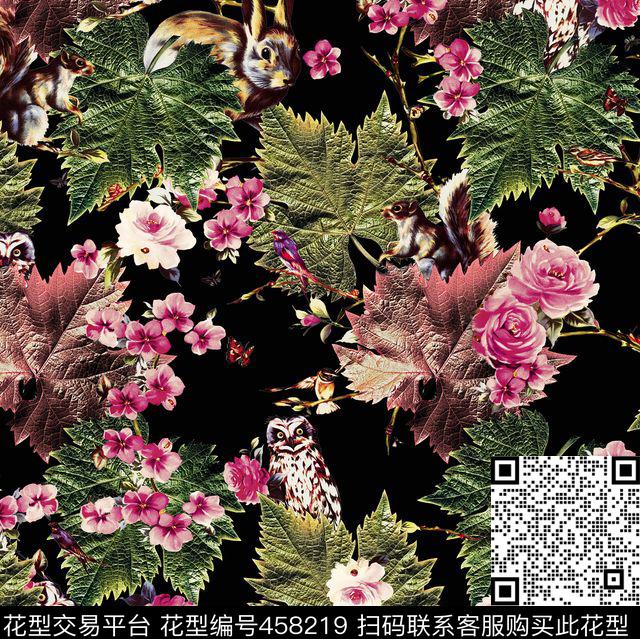 松鼠花卉树叶数码印花华亿平台下载（图片编号: 458219） - 瓦栏（Walan）