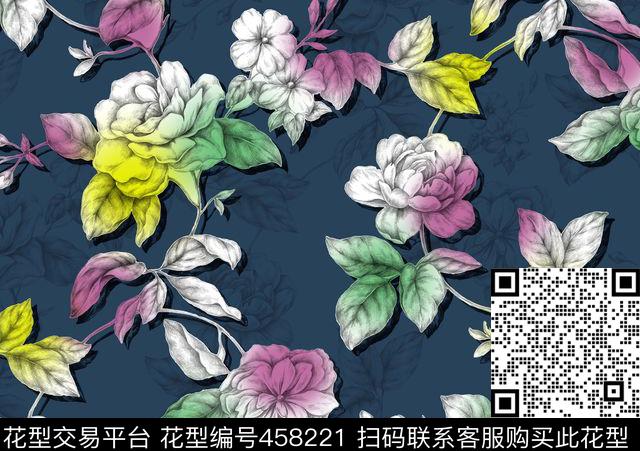 花卉线条花彩色花数码印花华亿平台下载（图片编号: 458221） - 瓦栏（Walan）