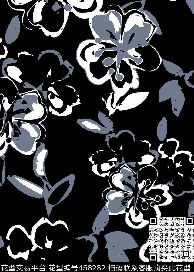 经典黑白木刻效果花朵传统印花华亿平台下载（图片编号: 458282） - 瓦栏（Walan）