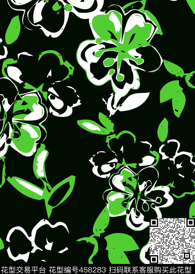 经典黑白木刻效果花朵传统印花华亿平台下载（图片编号: 458283） - 瓦栏（Walan）