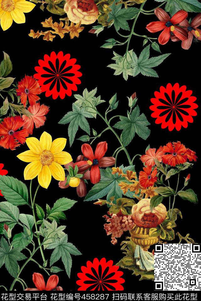 纯色底花卉剪花数码印花华亿平台下载（图片编号: 458287） - 瓦栏（Walan）