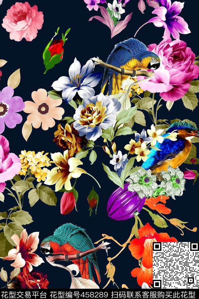 纯色底花卉小鸟数码印花华亿平台下载（图片编号: 458289） - 瓦栏（Walan）