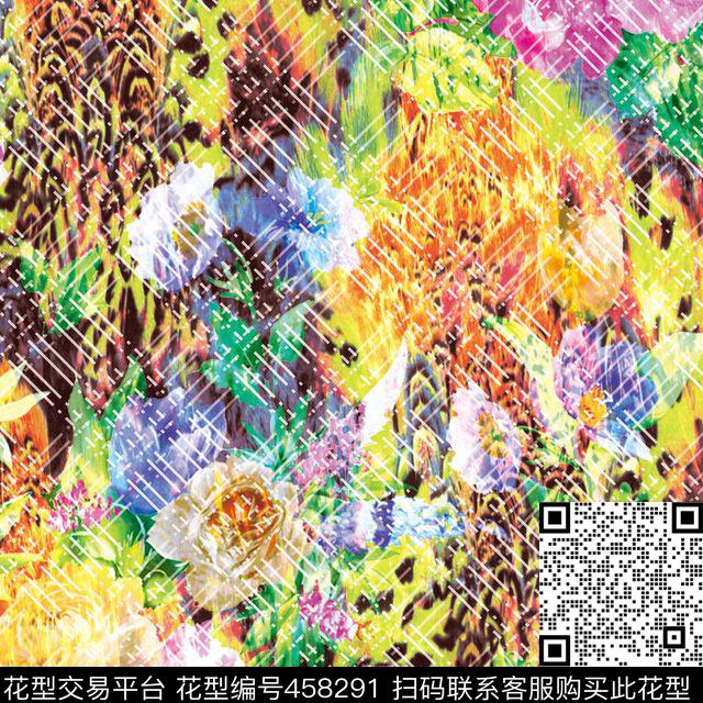 抽象豹纹花卉幻彩格子数码印花华亿平台下载（图片编号: 458291） - 瓦栏（Walan）