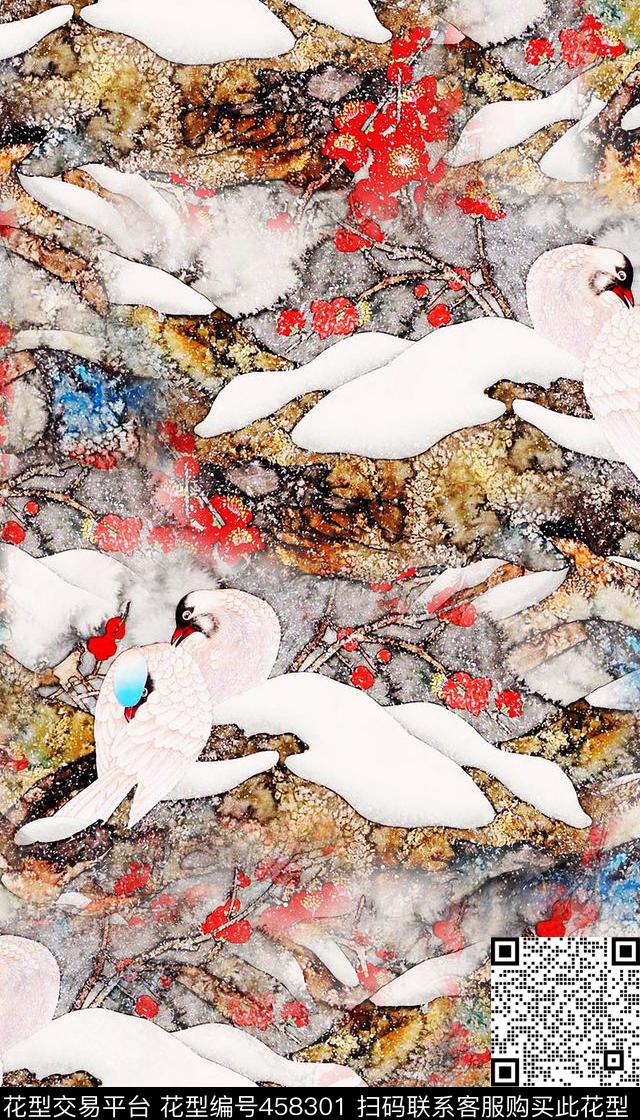 中国风冬季风景动物数码印花华亿平台下载（图片编号: 458301） - 瓦栏（Walan）