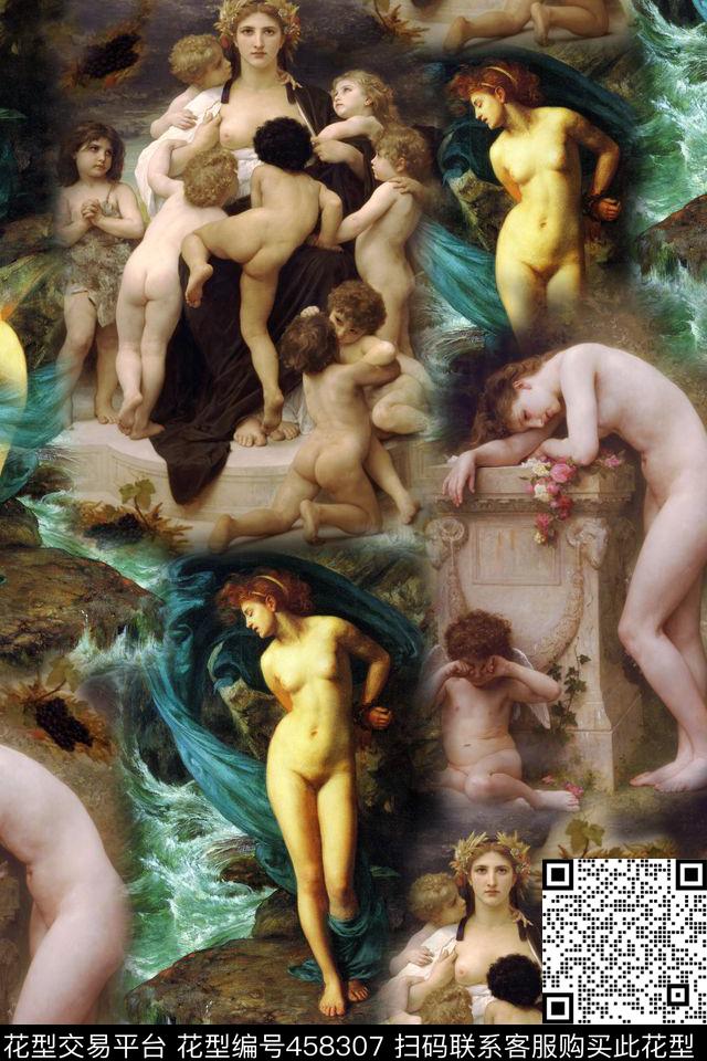 海浪花朵裸体女人油画数码印花华亿平台下载（图片编号: 458307） - 瓦栏（Walan）