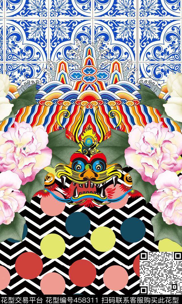 花卉几何牡丹花数码印花华亿平台下载（图片编号: 458311） - 瓦栏（Walan）