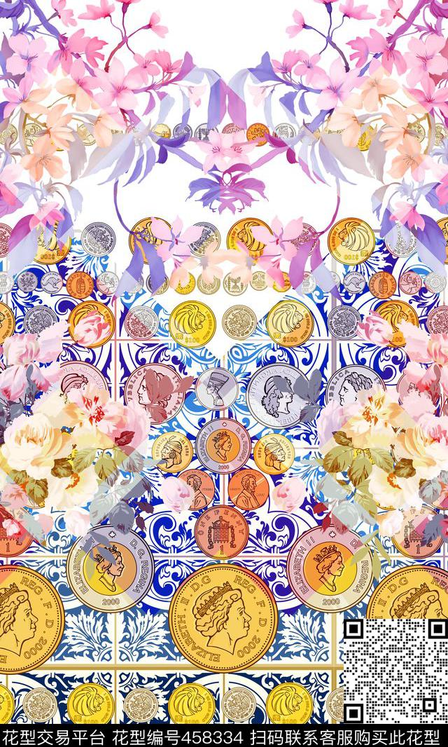 几何渐变欧洲复古硬币青花瓷数码印花华亿平台下载（图片编号: 458334） - 瓦栏（Walan）
