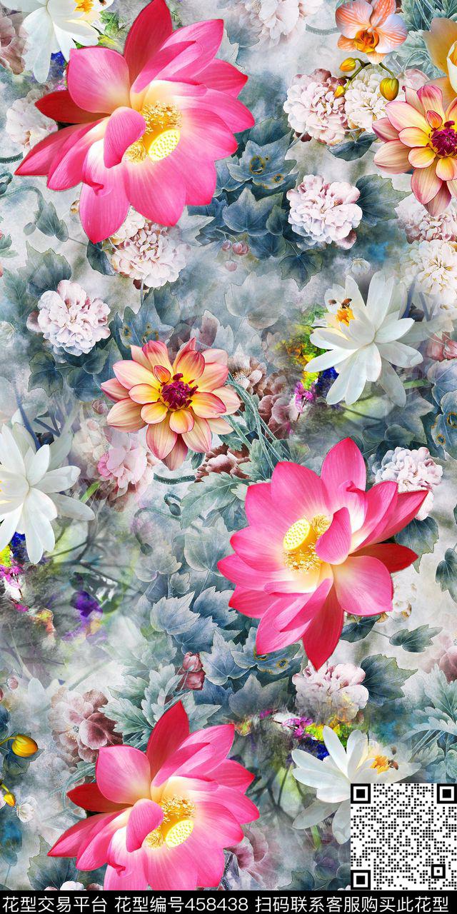 大气时尚数码华亿平台水墨荷花数码印花华亿平台下载（图片编号: 458438） - 瓦栏（Walan）