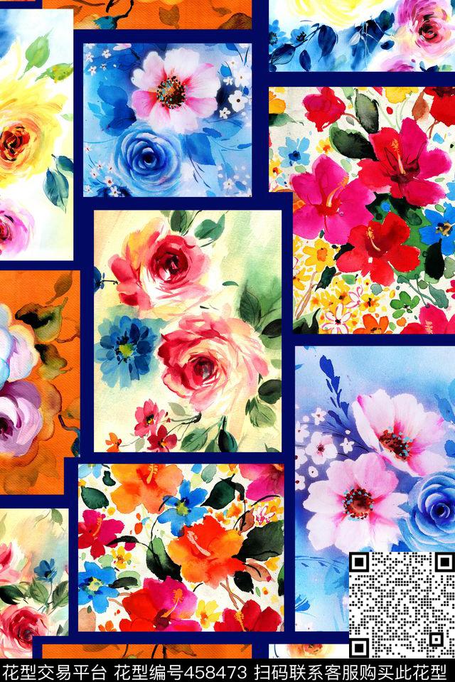 手绘花卉拼块组合花卉数码印花华亿平台下载（图片编号: 458473） - 瓦栏（Walan）
