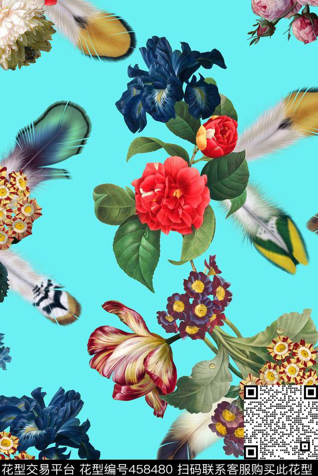 手绘油画羽毛数码印花华亿平台下载（图片编号: 458480） - 瓦栏（Walan）