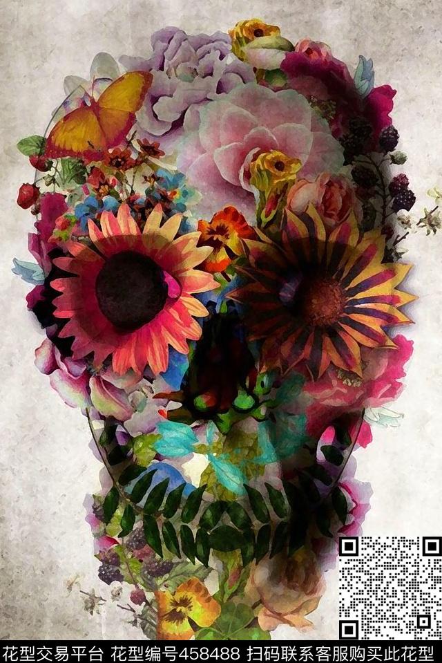 T恤花卉骷颅头时尚印花数码印花华亿平台下载（图片编号: 458488） - 瓦栏（Walan）