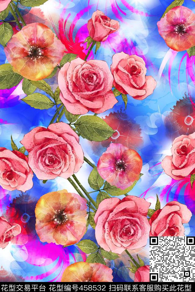 手绘玫瑰花清爽数码印花华亿平台下载（图片编号: 458532） - 瓦栏（Walan）