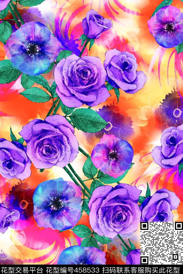 手绘玫瑰花清爽数码印花华亿平台下载（图片编号: 458533） - 瓦栏（Walan）