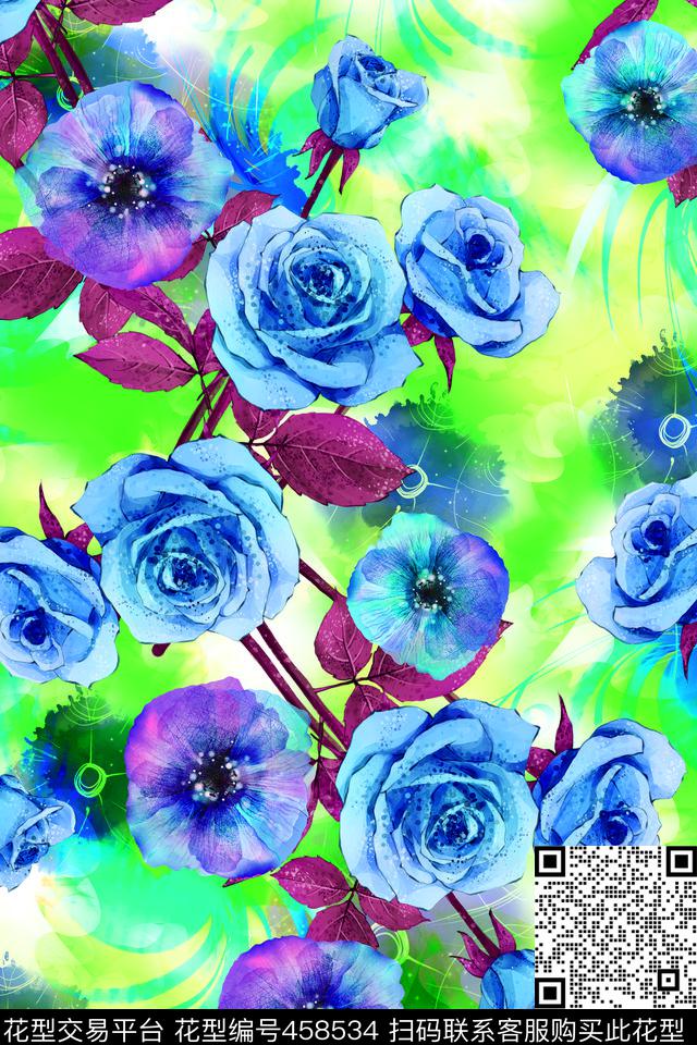 手绘玫瑰花清爽数码印花华亿平台下载（图片编号: 458534） - 瓦栏（Walan）