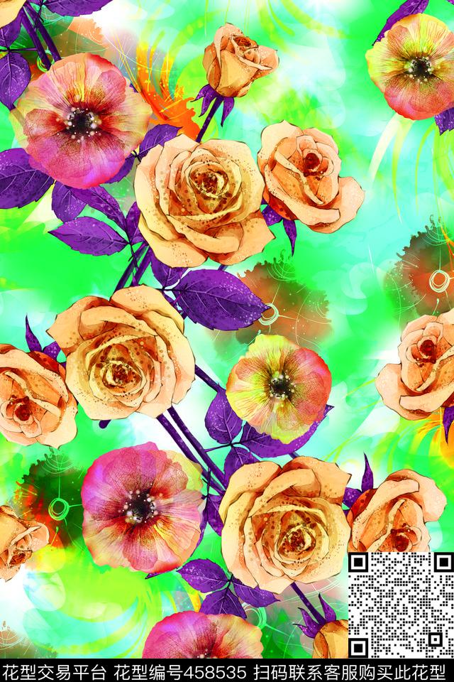 手绘玫瑰花清爽数码印花华亿平台下载（图片编号: 458535） - 瓦栏（Walan）