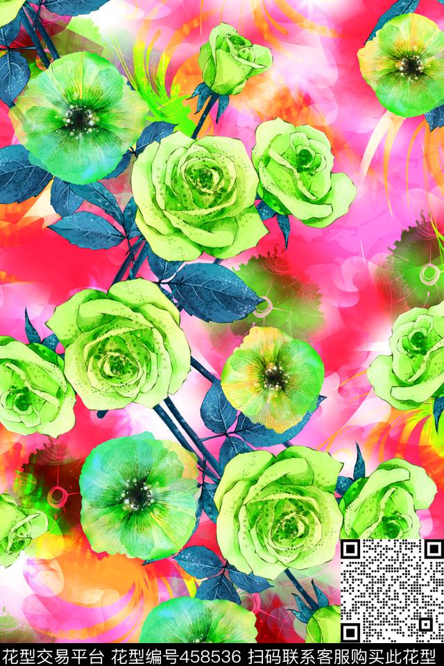手绘玫瑰花清爽数码印花华亿平台下载（图片编号: 458536） - 瓦栏（Walan）