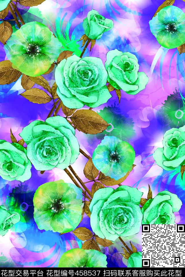 手绘玫瑰花清爽数码印花华亿平台下载（图片编号: 458537） - 瓦栏（Walan）