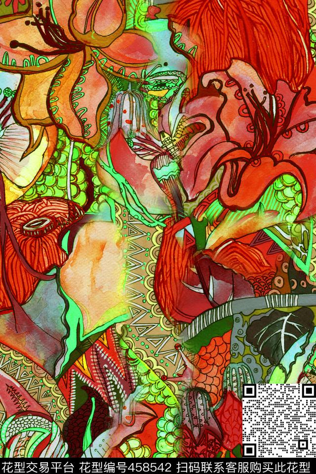 手绘水彩花卉数码印花华亿平台下载（图片编号: 458542） - 瓦栏（Walan）