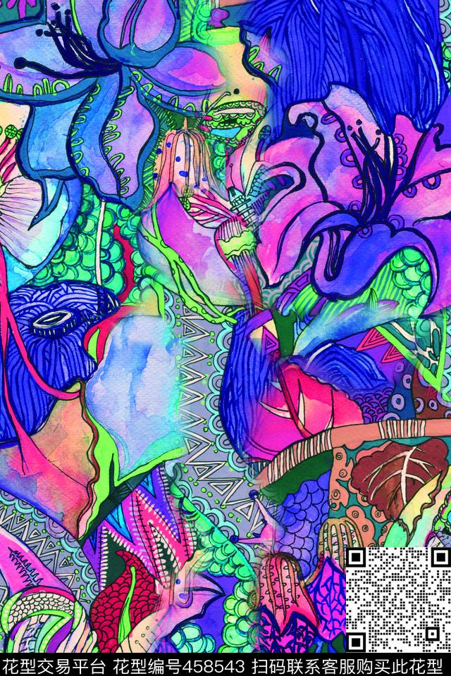 手绘水彩花卉数码印花华亿平台下载（图片编号: 458543） - 瓦栏（Walan）