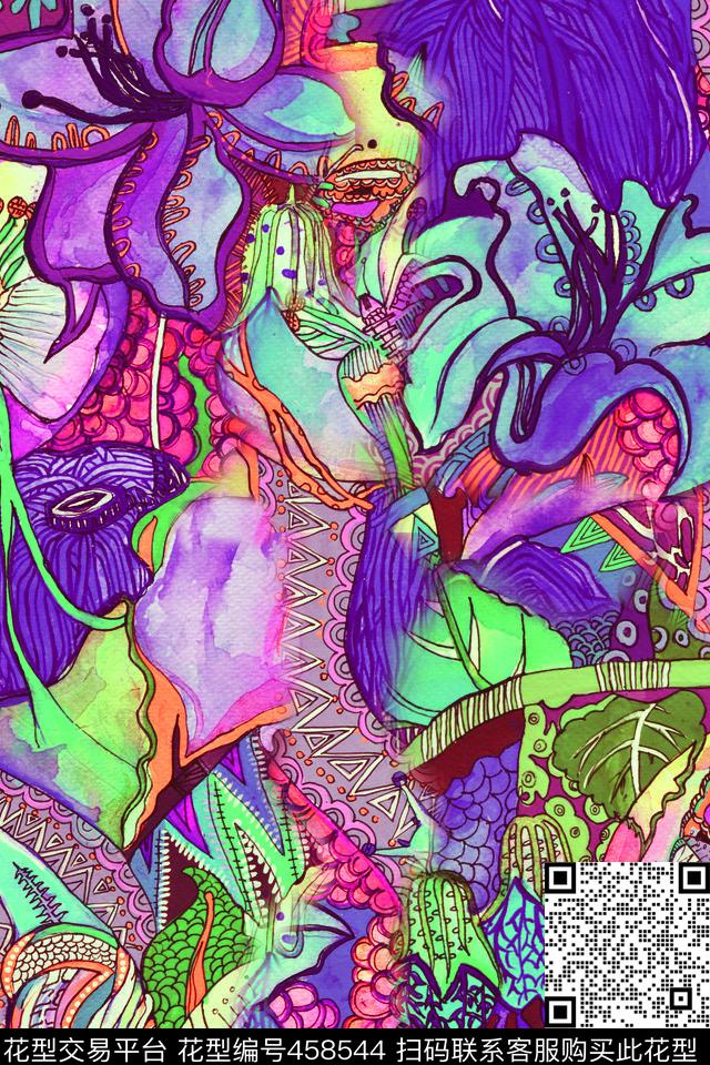 手绘水彩花卉数码印花华亿平台下载（图片编号: 458544） - 瓦栏（Walan）