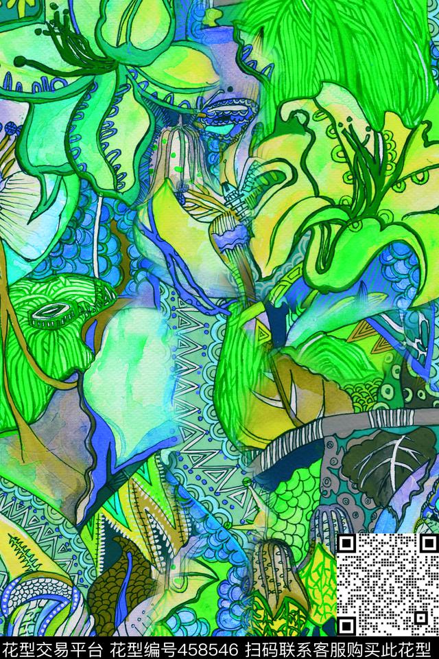 手绘水彩花卉数码印花华亿平台下载（图片编号: 458546） - 瓦栏（Walan）