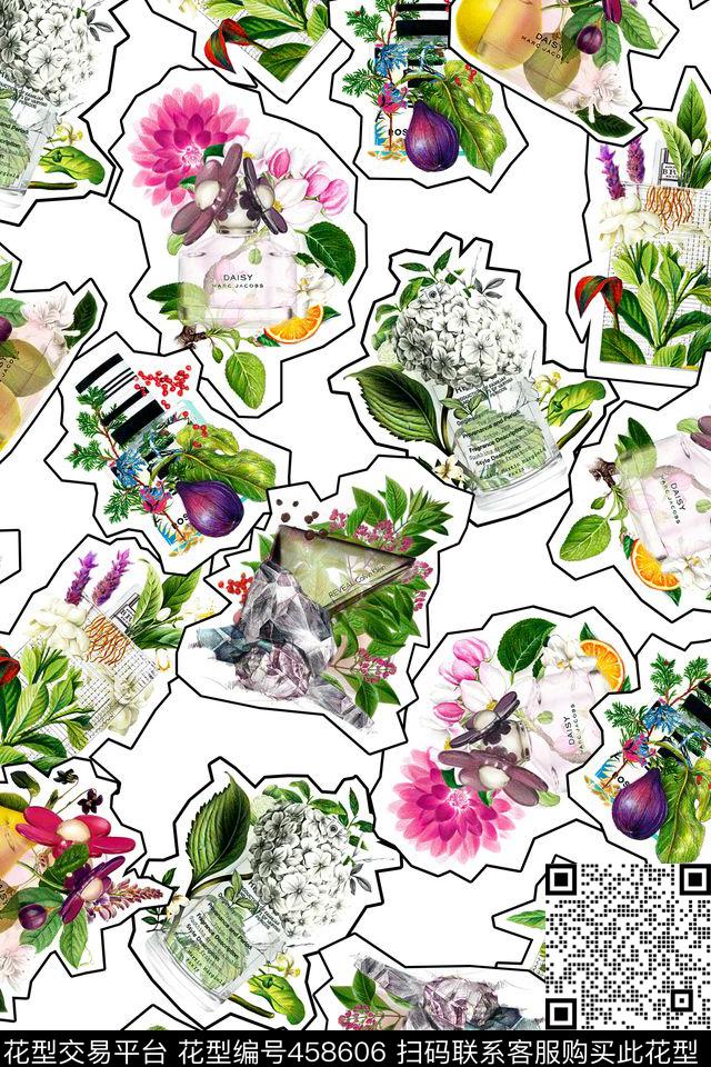 水彩花卉香水瓶描边拼接数码印花华亿平台下载（图片编号: 458606） - 瓦栏（Walan）