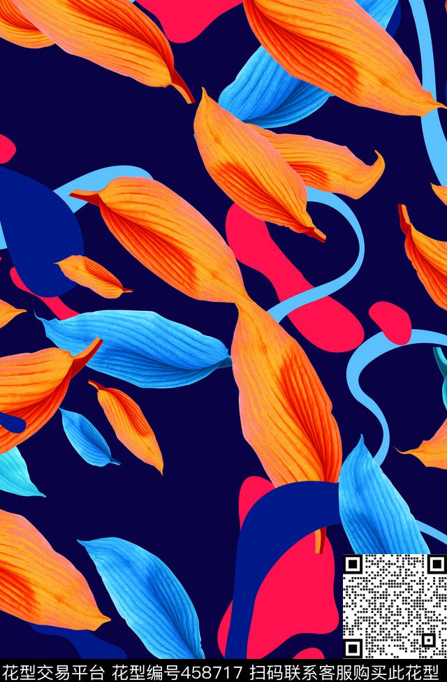 蓝叶黄金叶与色块数码印花华亿平台下载（图片编号: 458717） - 瓦栏（Walan）