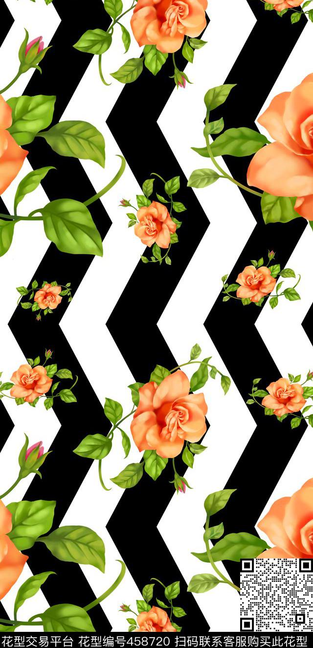 布匹印花黑白条花卉数码印花华亿平台下载（图片编号: 458720） - 瓦栏（Walan）