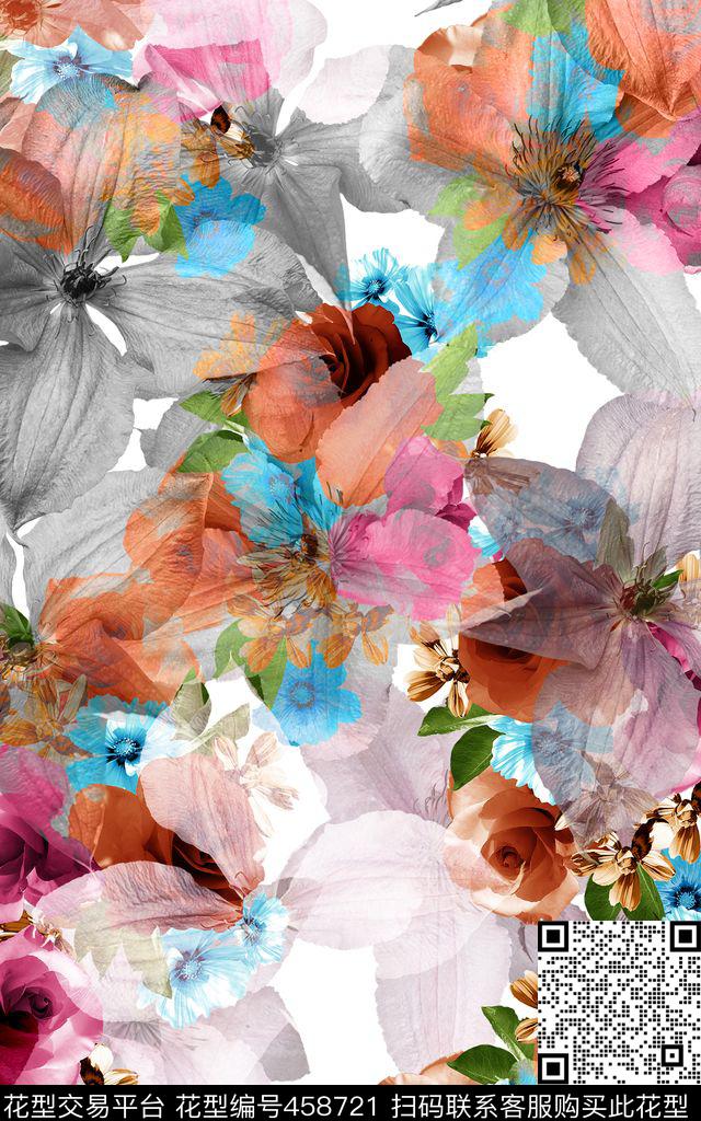 泼墨水彩瑕疵花卉数码印花华亿平台下载（图片编号: 458721） - 瓦栏（Walan）