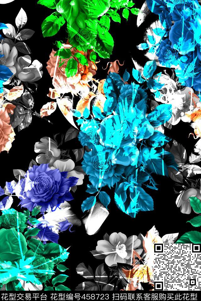 黑底玫瑰油画花卉数码印花华亿平台下载（图片编号: 458723） - 瓦栏（Walan）