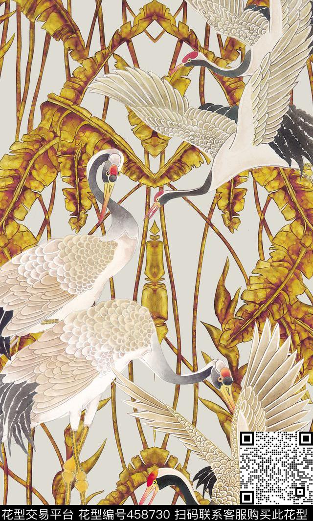 芭蕉叶定位中国画动物数码印花华亿平台下载（图片编号: 458730） - 瓦栏（Walan）