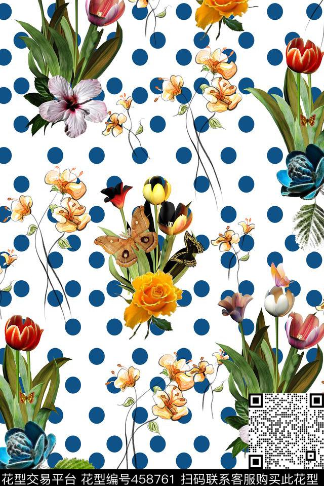 波点蝴蝶花卉数码印花华亿平台下载（图片编号: 458761） - 瓦栏（Walan）