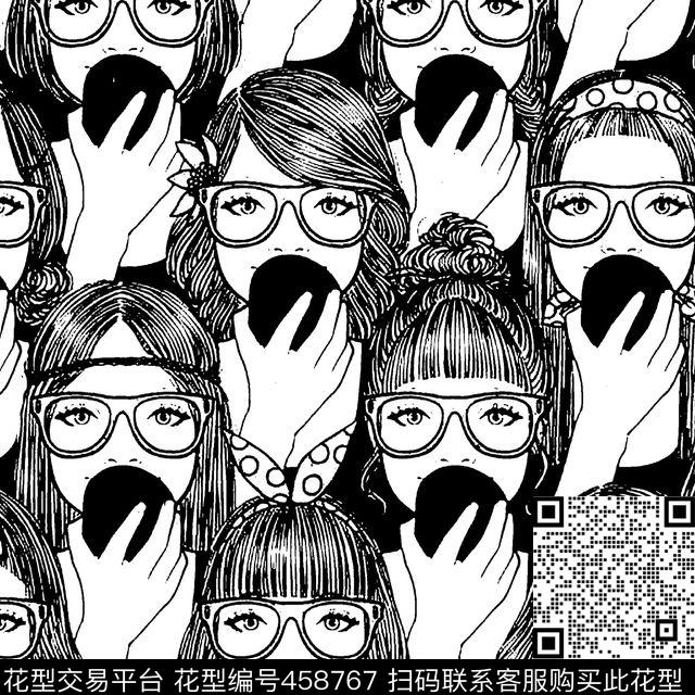时尚人物女孩涂鸦黑白传统印花华亿平台下载（图片编号: 458767） - 瓦栏（Walan）