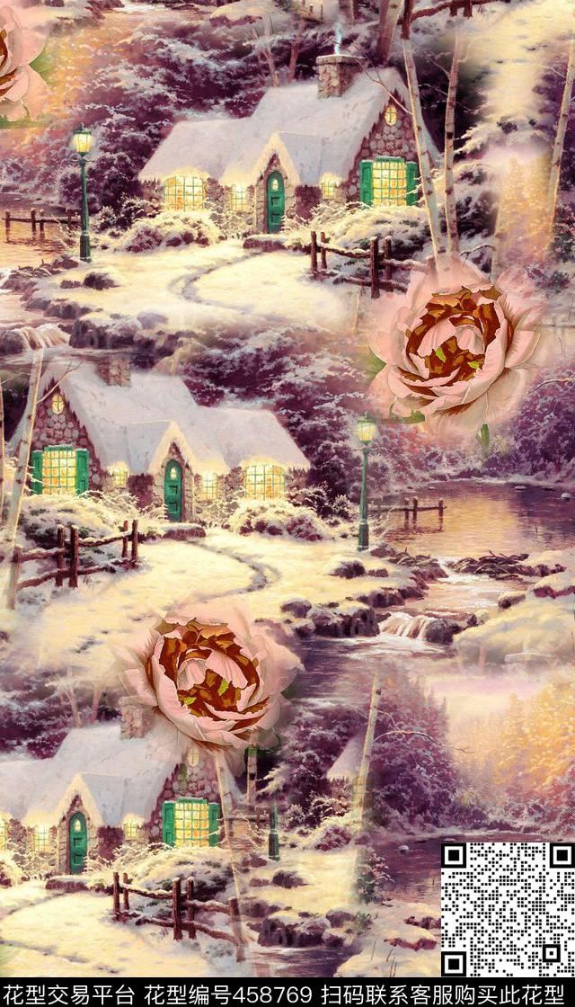 复古时尚冬季雪景花卉数码印花华亿平台下载（图片编号: 458769） - 瓦栏（Walan）