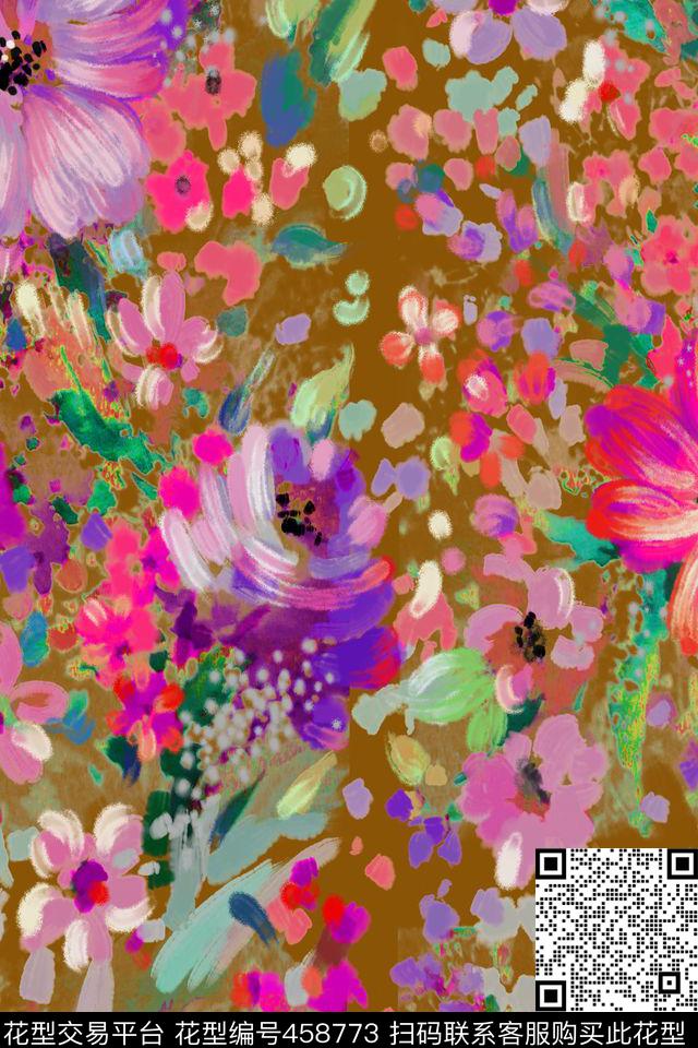 笔触泼墨花卉油墨数码印花华亿平台下载（图片编号: 458773） - 瓦栏（Walan）