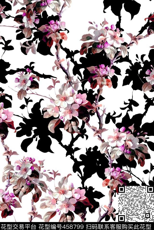 中国风水墨桃花水彩桃花数码印花华亿平台下载（图片编号: 458799） - 瓦栏（Walan）