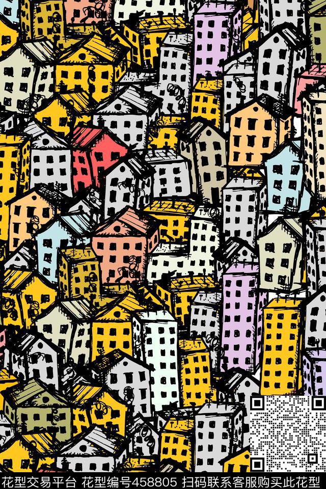 城市建筑水彩传统印花华亿平台下载（图片编号: 458805） - 瓦栏（Walan）