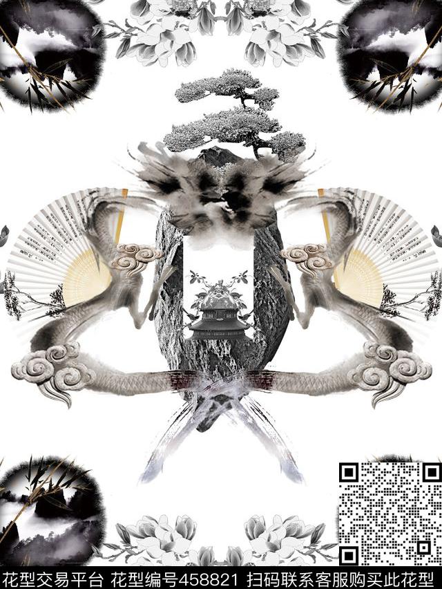 水墨中国风竹叶传统印花华亿平台下载（图片编号: 458821） - 瓦栏（Walan）