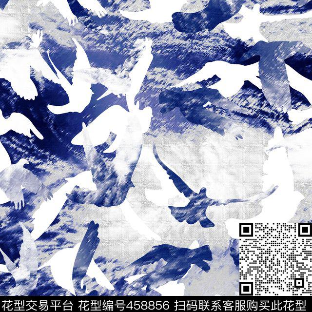 手绘叠影飞鸟数码印花华亿平台下载（图片编号: 458856） - 瓦栏（Walan）