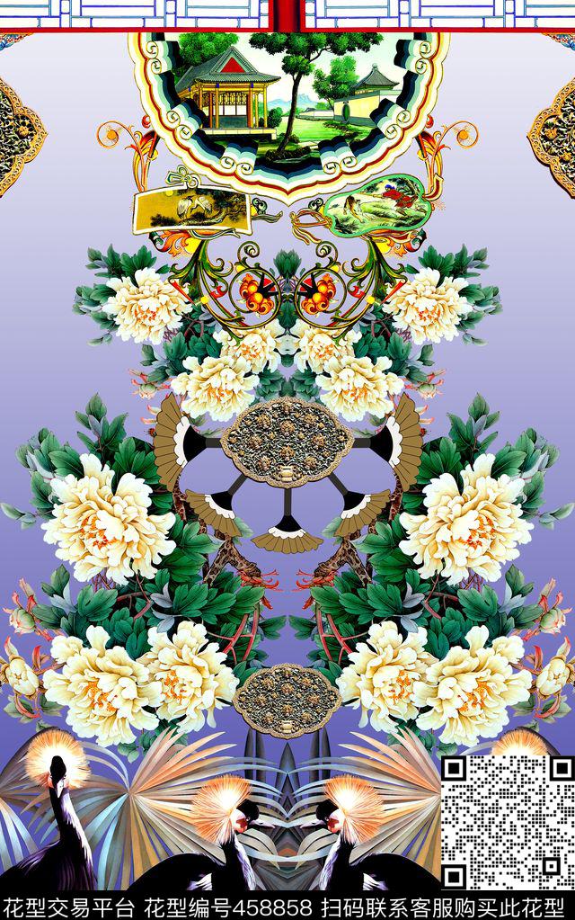 中国风牡丹花仙鹤数码印花华亿平台下载（图片编号: 458858） - 瓦栏（Walan）