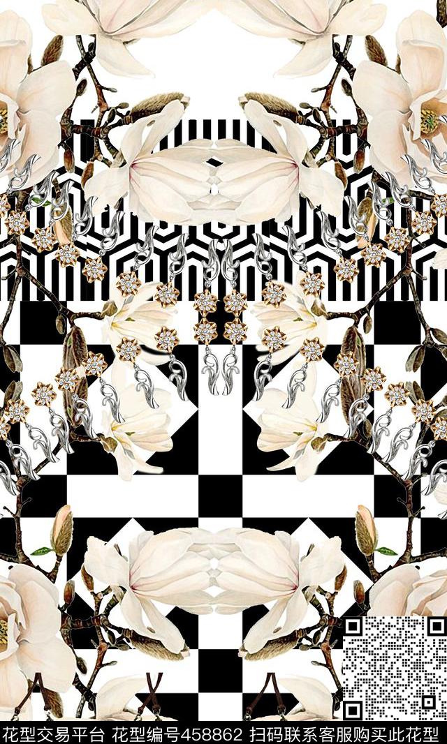白色玉兰花大牌定位对称印花.数码印花华亿平台下载（图片编号: 458862） - 瓦栏（Walan）